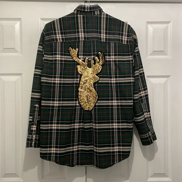 Lands' End | Tops | Sequin Reindeer Deer Christmas Holiday Shirt Plaid Green  Red Medium 0 Cotton | Poshmark